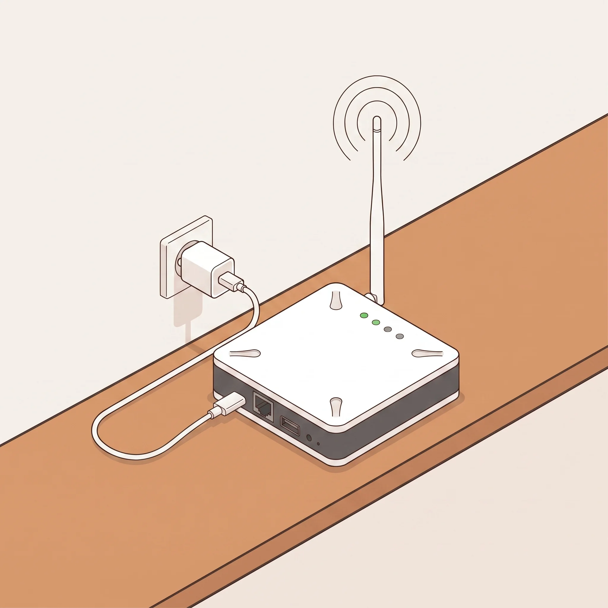De ontvanger (gateway) staat op een plank, met de stekker in het stopcontact en de antenne rechtop