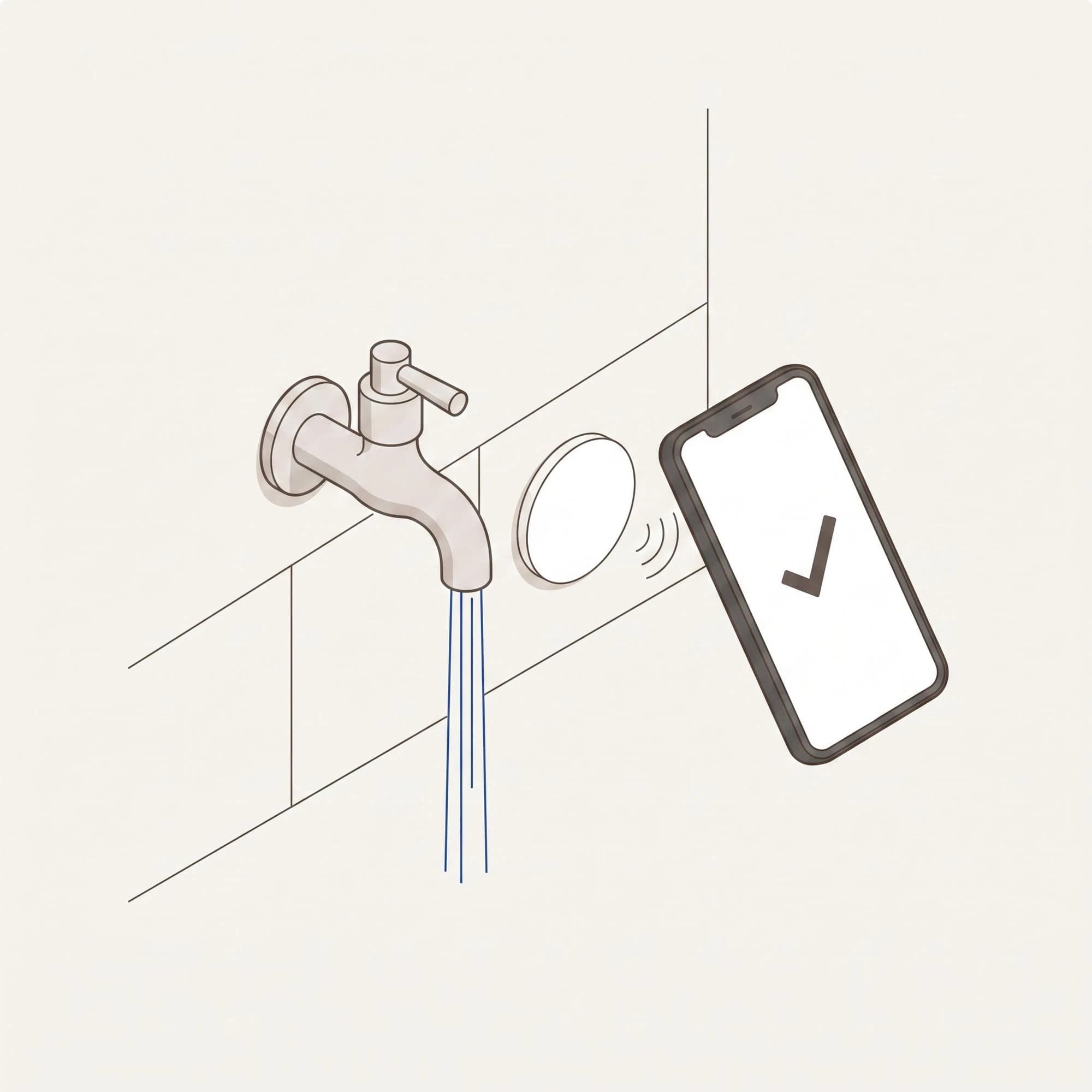Een telefoon houdt bij de kraan de NFC-tag vast; de spoeling wordt geverifieerd met een vinkje